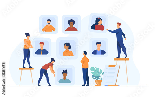 Employers choosing candidates for job interview. HR professionals analyzing applicant or employee profiles. Vector illustration for recruit agency, career, business, employment concept