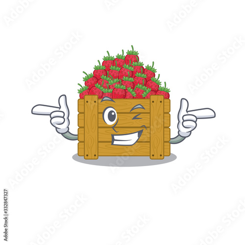 Smiley strawberry fruit box cartoon design style showing wink eye