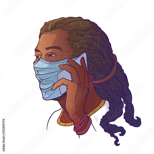 Black man wearing medical protection face mask and speaking on the phone. Consider social distancing as a protectionagainst covid-19. Painted sketch, isolated on a white background. EPS10 vector.