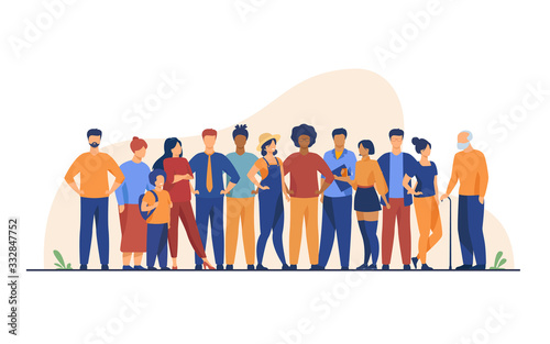 Diverse crowd of people of different ages and races. Multiracial community members standing together. Vector illustration for civil society, diversity, multinational public concept photo