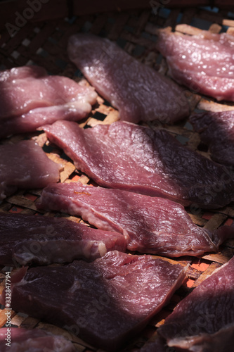 Long sliced of dried meat beef jerky dry