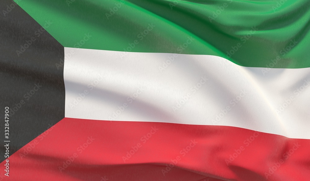 Waving national flag of Kuwait. Waved highly detailed close-up 3D render. Waving national flag of Kuwait. Waved highly detailed close-up 3D render.