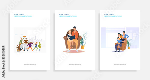 Set of family weekend illustrations. Flat vector illustrations of people cooking, reading books. Family concept for banner, website design or landing web page