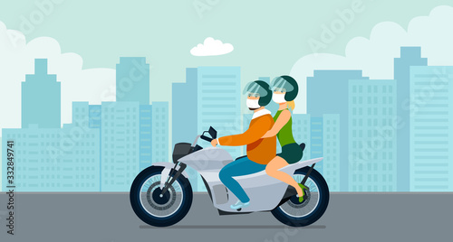 Motorbike with a young man and woman in a medical mask driving on a background of abstract cityscape. Vector flat style illustration.