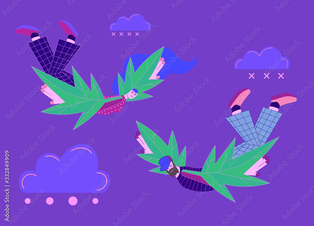 Flying woman and man with marijuana leaves as wings. Hipster clothes. Cannabis smoking concept. Flat style vector illustration in trendy colors. Clouds, circles and crosses on the background.