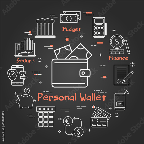 Vector black finance and banking line concept - personal wallet