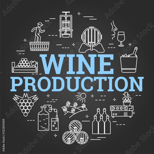 Vector linear concept of wine production on black