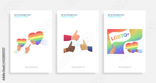 Set of pictures with symbol of LGBTQ. Flat vector illustrations of homosexuals with rainbow hearts. LGBT concept for banner, website design, landing web page