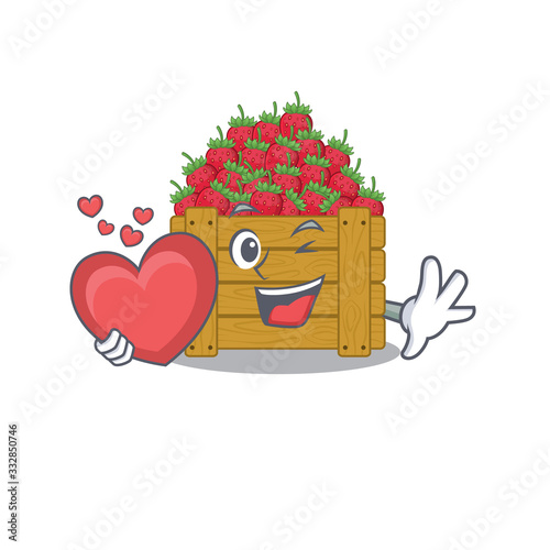 A romantic cartoon design of strawberry fruit box holding heart
