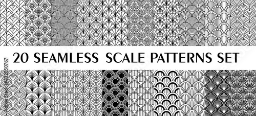 Set of 24 fish scale art deco style patterns. Retro style ornaments suitable for textile, wrapping paper, tiles and backgrounds.
