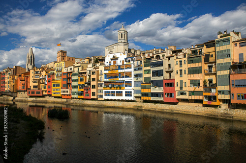View of the coloured houses on the river, Girona, Spain