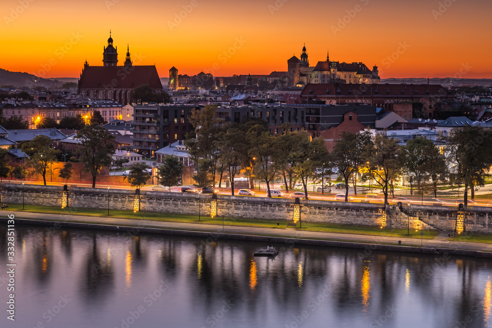View to Cracow Old town in blue hour in autumn time. Cracow, Poland, october 14.2019