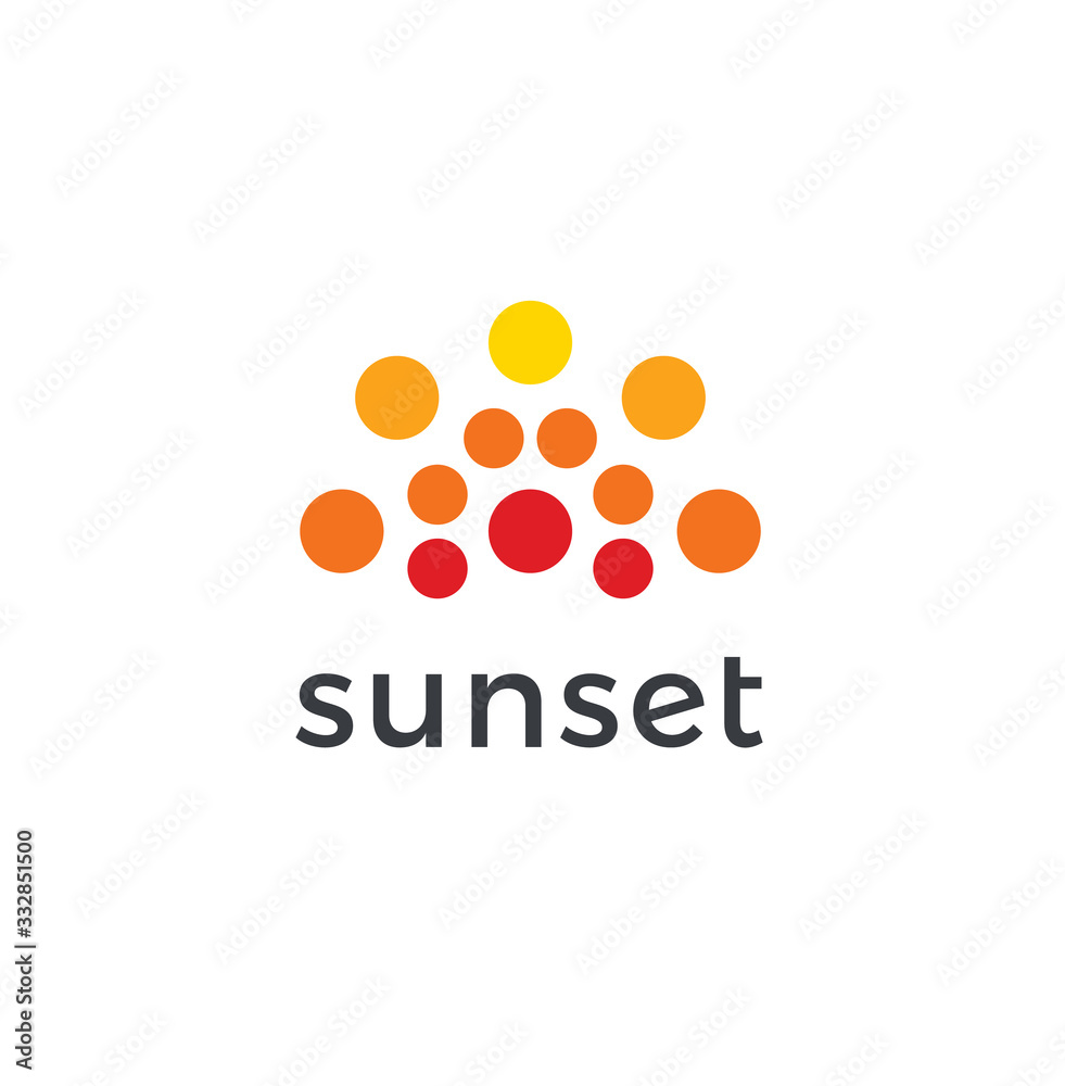 Abstract sunset icon, orange circles in semicircle. Dotted logo template, flat abstract emblem. Concept logotype design for business, web and presentation. Vector logo.