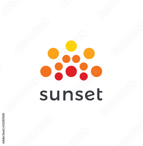 Abstract sunset icon, orange circles in semicircle. Dotted logo template, flat abstract emblem. Concept logotype design for business, web and presentation. Vector logo.