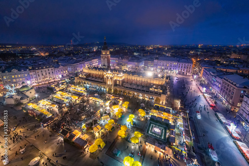 View to Cracow Main Square from - St Mary's Church in Christmas Time  Cracow, Poland, December 21.2018 © PawelUchorczak