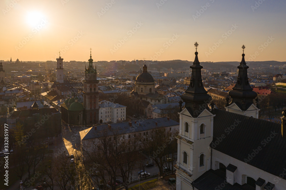 Aerial view on Carmelite Church ( Michael the Archangel church) in Lviv, Ukraine from drone