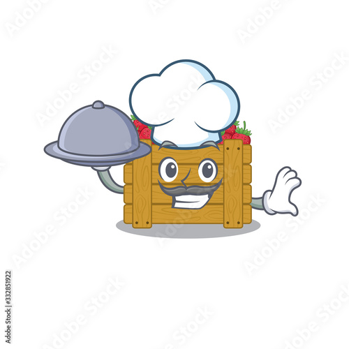 Strawberry fruit box as a chef cartoon character with food on tray