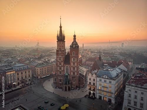 Aerial view of the Market Square in Cracow in sunrise time