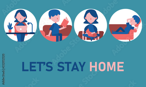 Stay home,stay safe during the COID-19 outbreak. Coronavirus quarantine concept. work from home, read a book, play with pets, and listen the music. Flat vector cartoon illustration design.