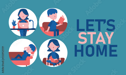 Stay home,stay safe during the COID-19 outbreak. Coronavirus quarantine concept. work from home, read a book, play with pets, and listen the music. Flat vector cartoon illustration design.