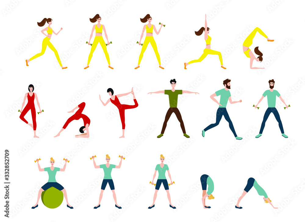 a set with sports people. sports guys and girls in tracksuits. vector flat illustration of people sports characters