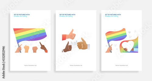 Set of pictures with symbol of LGBTQ. Flat vector illustrations of homosexuals with rainbow hearts. LGBT concept for banner, website design, landing web page