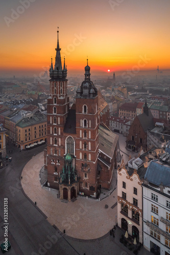 Aerial view of the Market Square in Cracow in sunrise time