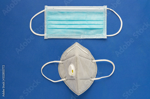Medical masks isolated on blue background. Protection cover face against pollution and flu. Prevention hygiene to stop spreading from coronavirus(COVID-19)or 2019-nCoV. Healthcare and medical concept.