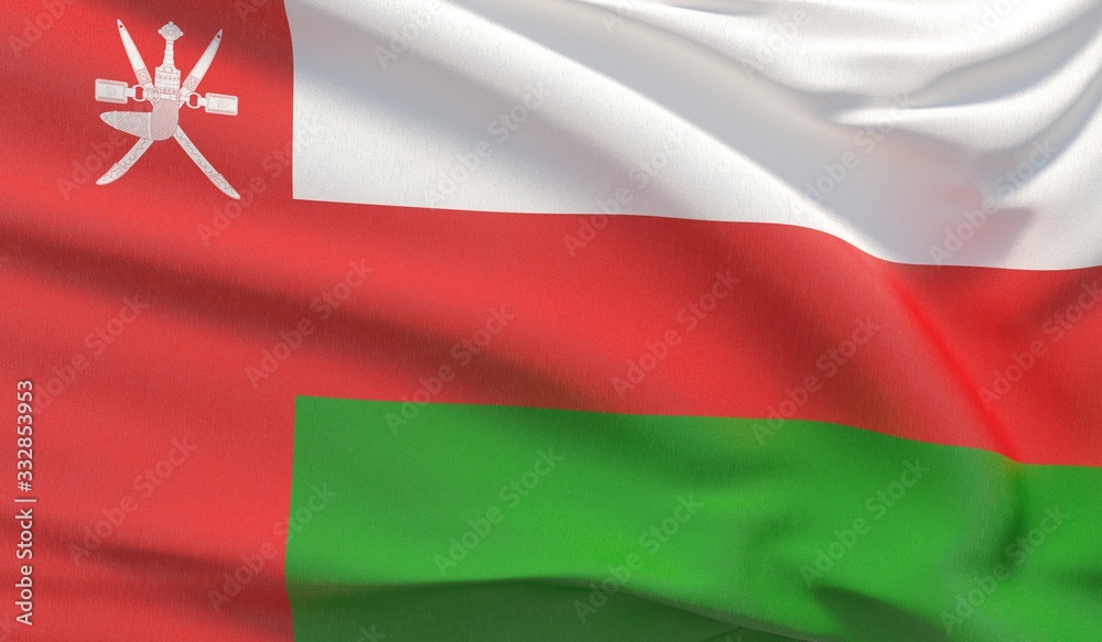 Waving national flag of Oman. Waved highly detailed close-up 3D render. Waving national flag of Oman. Waved highly detailed close-up 3D render.