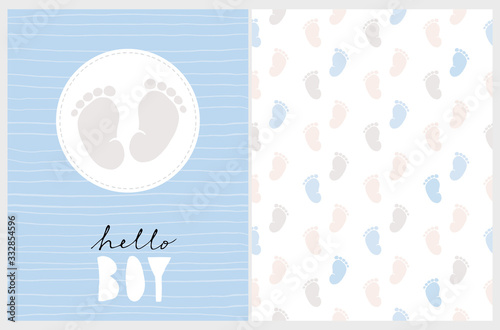 Cute Nursery Vector Art. Light Gray Little Baby Feet in a White Round Frame Isolated on a Striped Pastel Blue Background. Hello Boy. Baby Shower Vector Illustration and Lovely Seamless Pattern. 