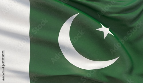 Waving national flag of Pakistan. Waved highly detailed close-up 3D render.