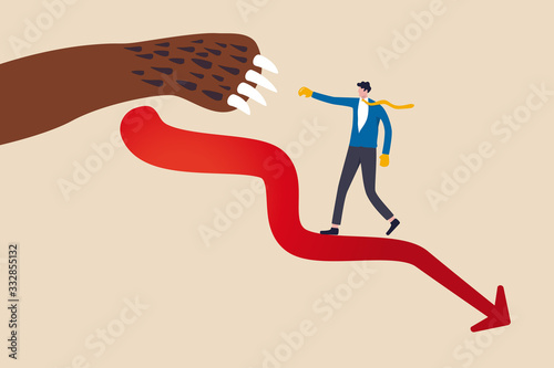 Fight bear market to survive and win in financial crisis concept, investor businessman in suit and tie wearing boxing gloves standing on red plunging stock market to bravely fight with bear claws.