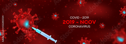 Vaccine Testing vs Coronavirus banner concept. Vector illustration with 3d microscopic viral cells Covid 19-NCP. 3d realistic Coronavirus 2019-nCoV and syringe with vaccine .