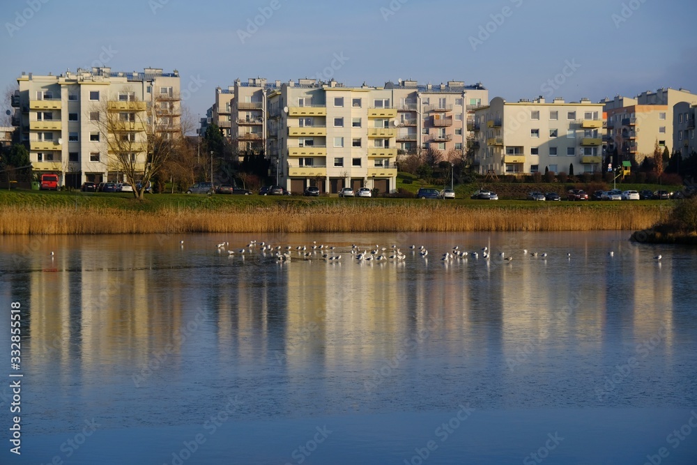 An estate of identical apartment blocks on the lake and its reflection in water, on the outskirts of the city. Idyllic view with blue sky and blue water. Gdansk South, Zakoniczyn, Poland