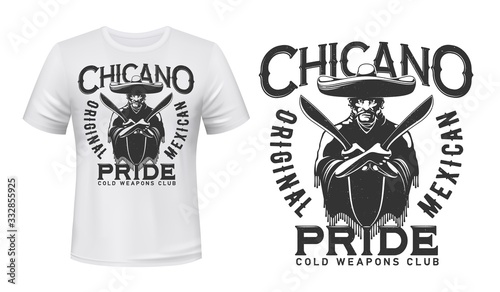 Mexican bandit with knives t-shirt print mockup of bladed weapon or cold arms vector design. Mexican gangster with machetes, sombrero and poncho, custom apparel print template for melee weapon club