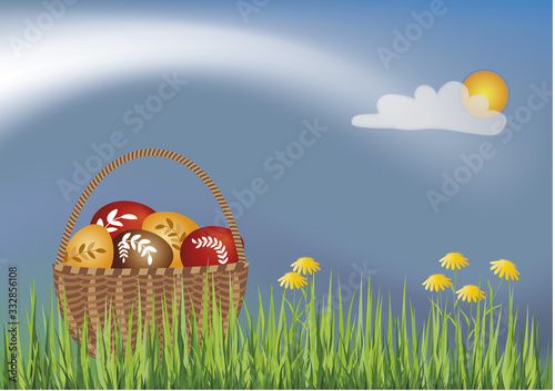 Easter basket with eggs on the grass with flowers