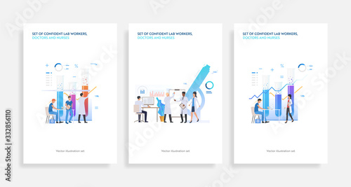 Set of confident lab workers, doctors and nurses. Flat vector illustrations of medical staff. Health care concept for banner, website design or landing web page