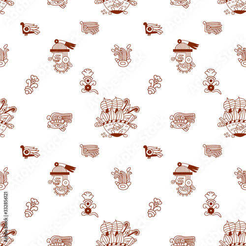 Aztec cacao seamless pattern design. Line art style. Vector illustration.