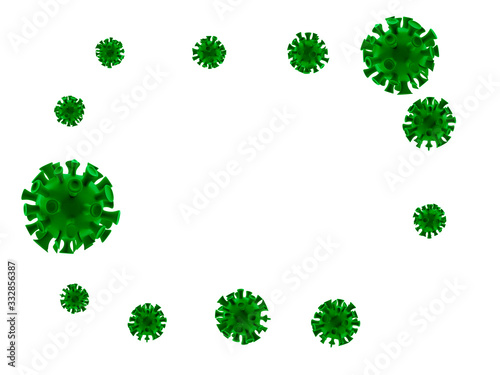 Flu COVID-19 virus cell virus background. China pathogen respiratory coronavirus 2019-ncov flu outbreak 3D medical render. Background with realistic 3d green virus cells