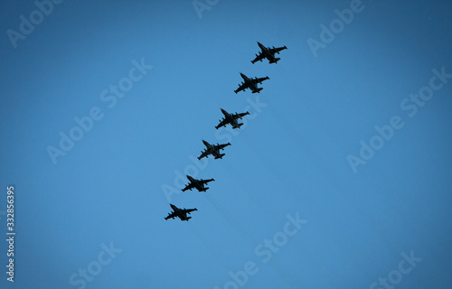 Link of 6 combat aircraft in the sky
