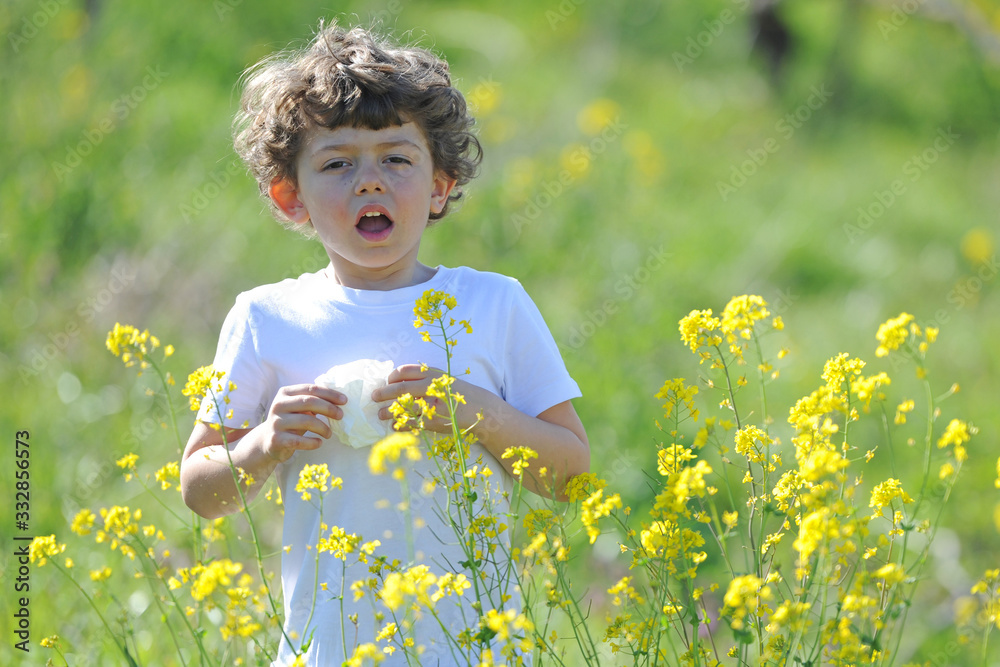 Little European caucasian children has allergies from flower pollen, boy has running nose in flower field and wipe his nose by tissue paper - asthma
