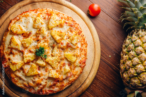 Seafood Italian Pizza on wooden table