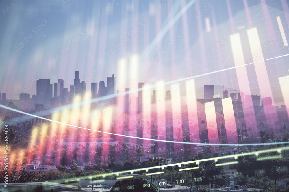Forex chart on cityscape with skyscrapers wallpaper multi exposure. Financial research concept. Forex chart on cityscape with skyscrapers wallpaper multi exposure. Financial research concept.