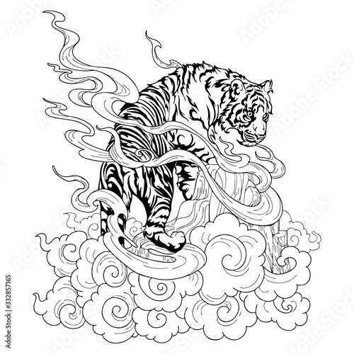 Tiger Climbing on hill and cloud design with Chinese or Japanese tattoo illustration ink doodle drawing  oriental for coloring vector with white background 