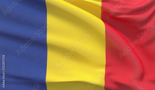 Waving national flag of Romania. Waved highly detailed close-up 3D render.