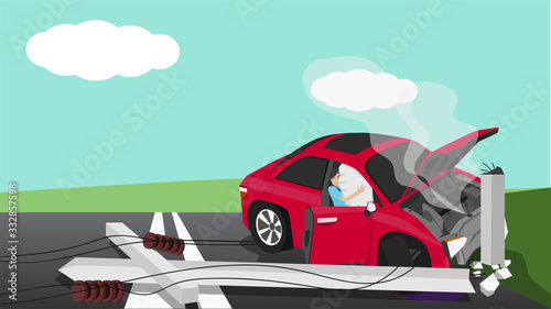 Damage of red car crash pole light accident cannot drive. There was steam coming out of the radiator.The front side is severely damaged. The equipment is broken. There are people stuck inside with the