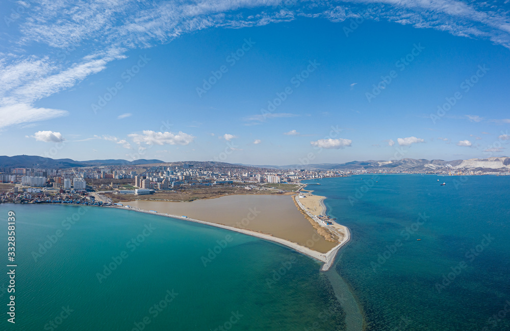 Beach and island of Novorossiysk on a clear day