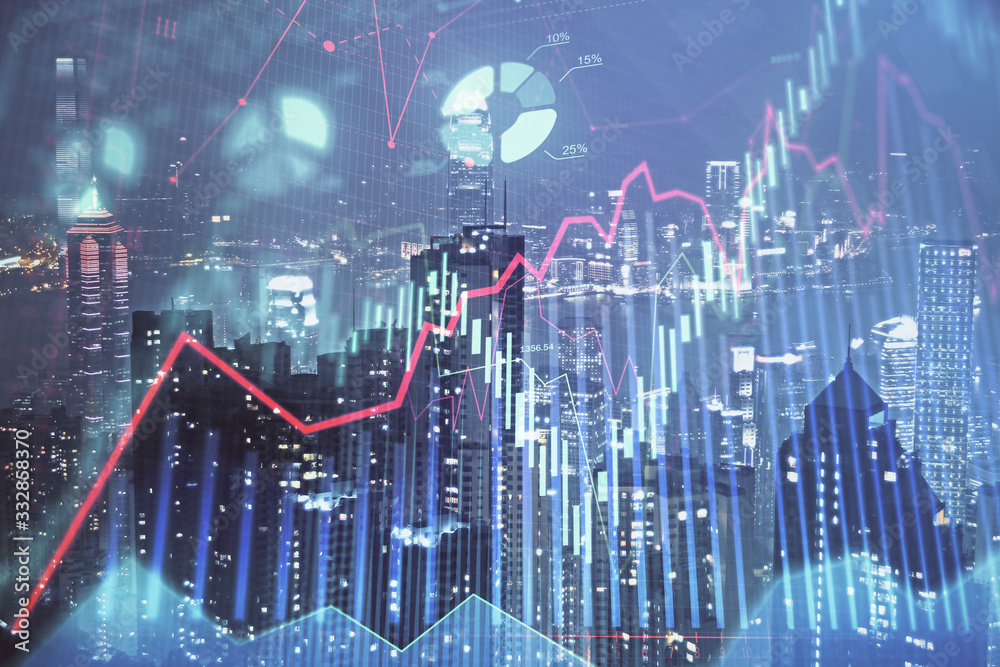 Double exposure of forex chart drawings over cityscape background. Concept of success. Double exposure of forex chart drawings over cityscape background. Concept of success.