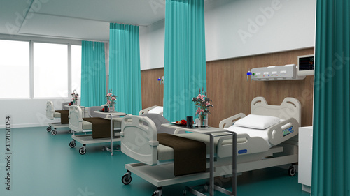 Hospital room with beds .Empty bed  and wheelchai in nursing  a clinic or hospital . 3d private room rendering.Luxury patient bed  illustration.Modern hospital health care concept.