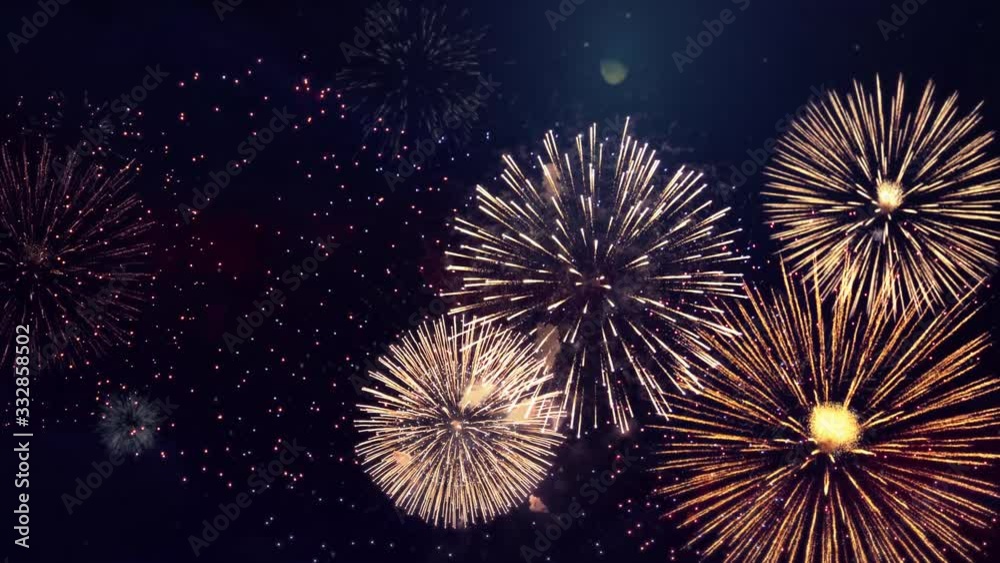Beautiful fireworks display show Loop Animation Background. Birthday, Anniversary, Celebration, Holiday, new year, Party, Invitation, Christmas, festival, greeting, Diwali, Wedding, event